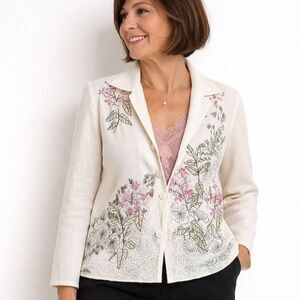 Vtg Draper’s & Damon’s Cream Blazer Beaded Petite Small Floral Lace Linen Asian